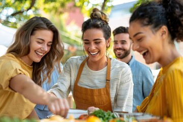 A joyful gathering of friends enjoying a meal outdoors, with smiles and laughter, showcasing a vibrant, social atmosphere.