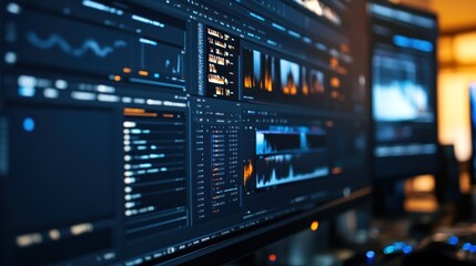 Fototapeta premium Close-up of two computer monitors displaying data analysis graphs and charts in a dark room.