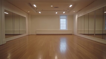 Empty dance studio with hardwood floor, mirrors, and natural light.