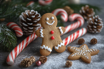 Festive gingerbread cookies and candy canes for the holiday season