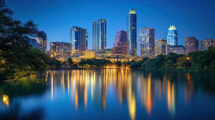 Fototapeta premium Stunning twilight cityscape reflected in calm water, showcasing modern skyscrapers and lush green trees.