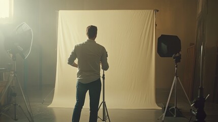 Photographer adjusting lighting in studio, back view.