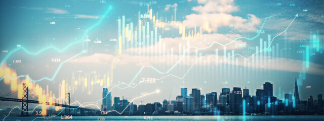 San Francisco skyline with financial data overlays and upward growth charts in a corporate investment context. 3D Rendering