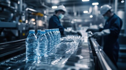 Bottled Water Factory Production Line Workers, Conveyor Belt, Plastic
