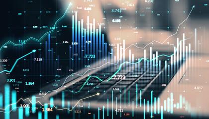 Financial data graphs and statistics over a laptop keyboard background.