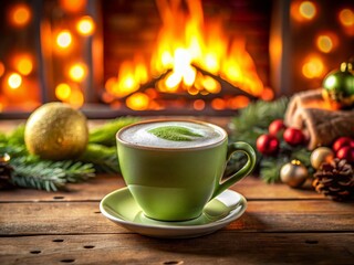 Obraz premium Macro Green Tea Latte Christmas Fireplace Winter Cozy Drink Photography
