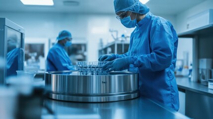 Laboratory Scientists in Sterile Cleanroom Handling Samples