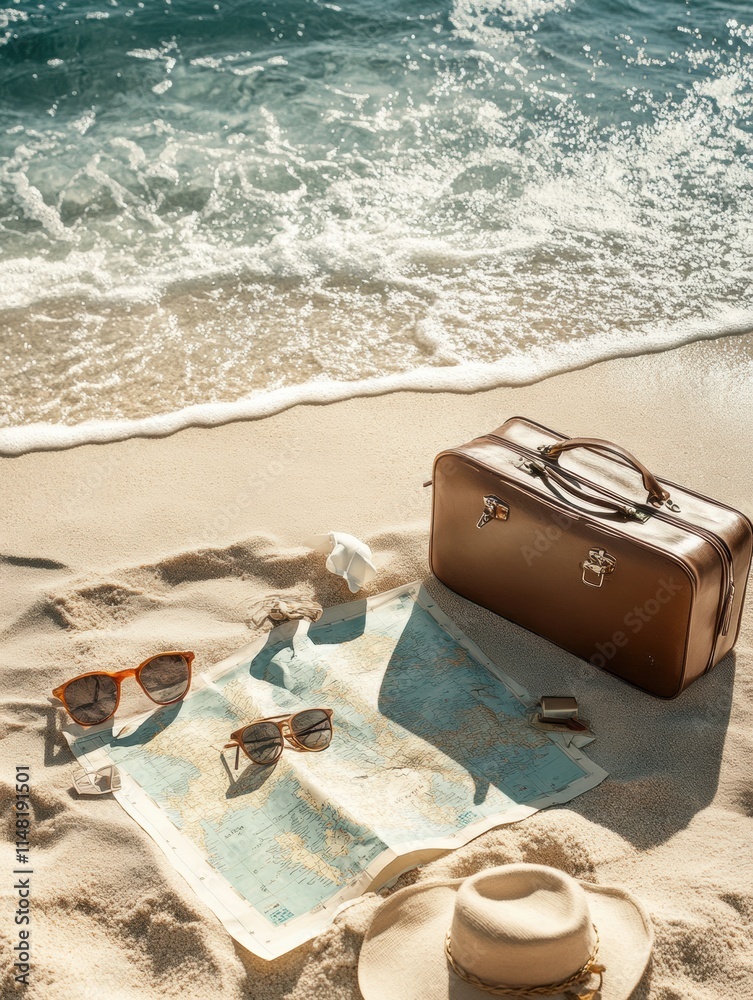 Poster vibrant beach setting complete with luggage, sunglasses, and a exploration map waiting for an advent