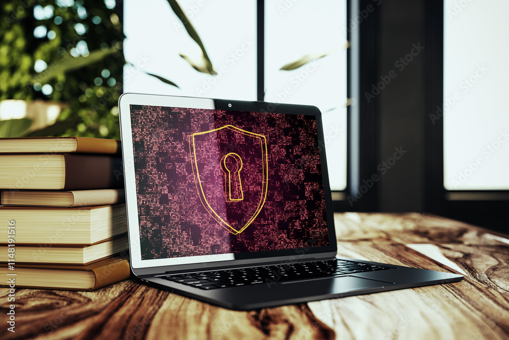 Aufkleber Laptop with glowing shield and keyhole icon on the screen on a wooden table with books, concept of cybersecurity and data protection. 3D Rendering