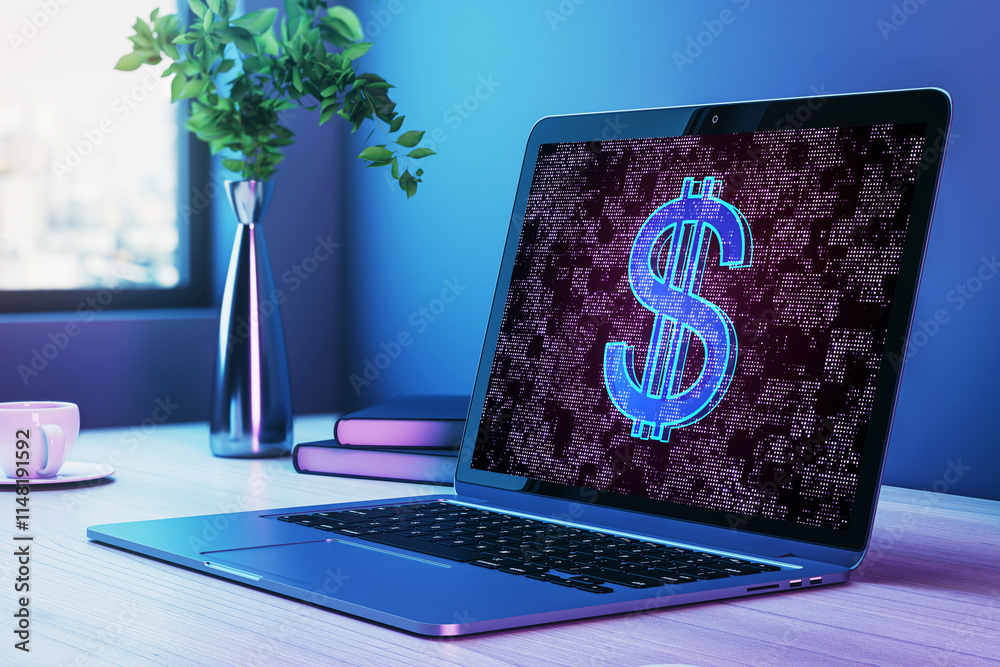 Poster illuminated dollar sign on laptop screen in modern office setup with blue lighting background. 3d re