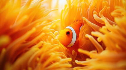 Orange clownfish hiding in vibrant sea anemone.
