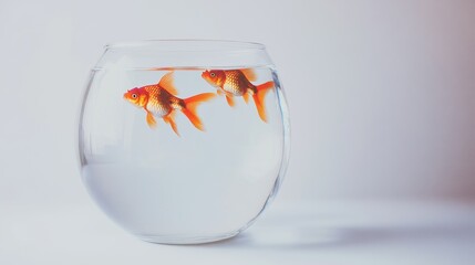 Two goldfish swimming in a round glass bowl on a white background.