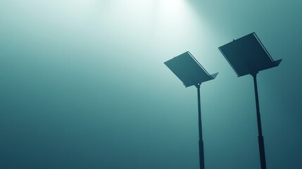Two empty music stands under a spotlight in a smoky room.