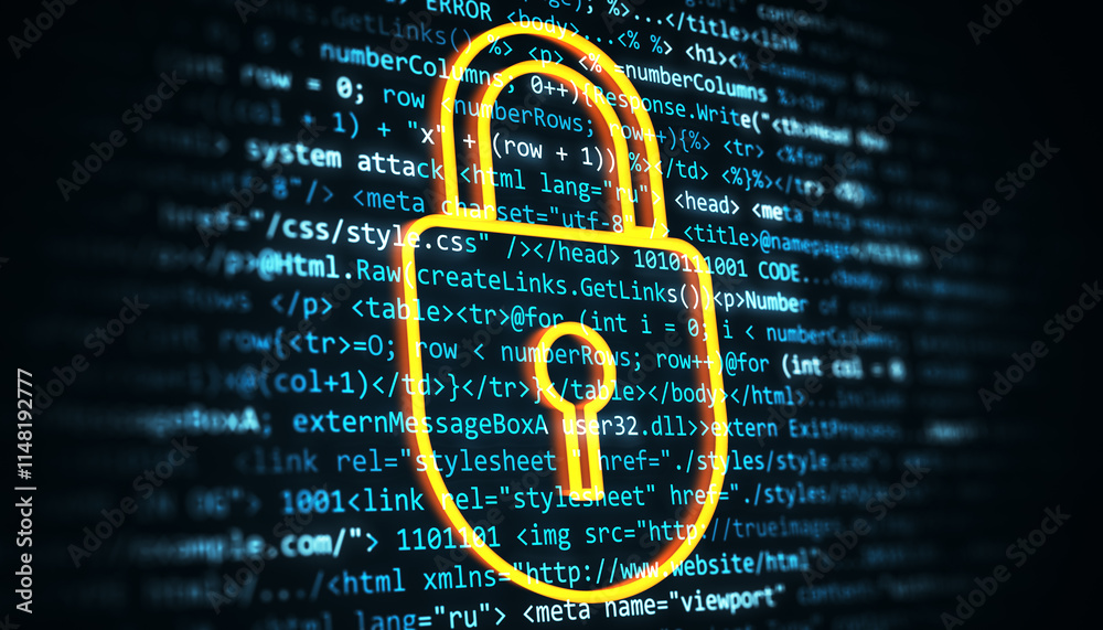 Poster Glowing padlock icon over digital code background, symbolizing cybersecurity and data protection. 3D Rendering