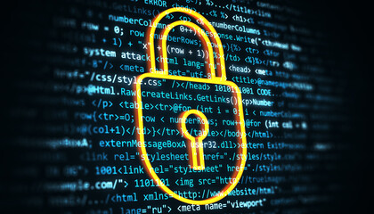 Glowing padlock icon over digital code background, symbolizing cybersecurity and data protection. 3D Rendering