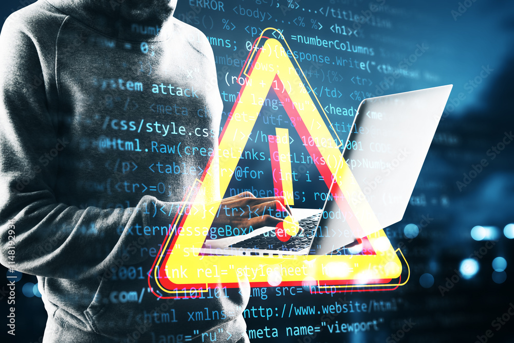 Poster cybersecurity concept with hacker, laptop, warning symbol, code background.