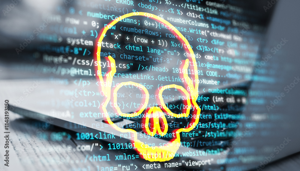 Aufkleber Skull symbol overlaying computer code on screen, indicating cybersecurity threat or malware warning in digital environment.