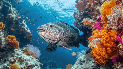 Naklejka premium Grouper fish swimming amidst vibrant coral reef.