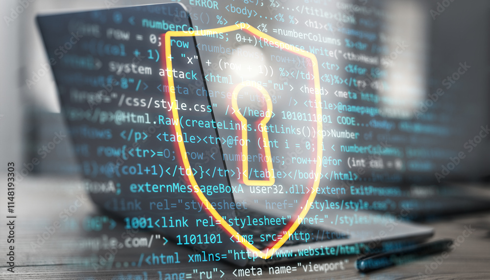 Poster Digital shield with keyhole overlay on programming code and laptop screen, symbolizing cybersecurity and data protection.