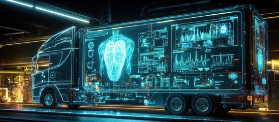 Obraz premium Futuristic semi-truck displaying medical data and human body hologram.