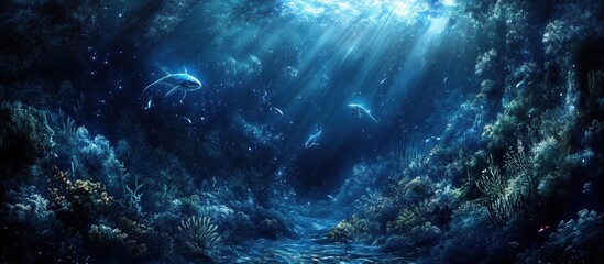 Obraz premium Sunbeams illuminate underwater coral reef and fish.