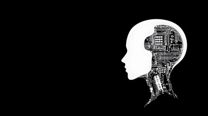 A white robot girl&rsquo;s head in profile, showcasing advanced artificial intelligence design with intricate details, featuring a futuristic and sleek appearance, embodying the concept of robotics, technol