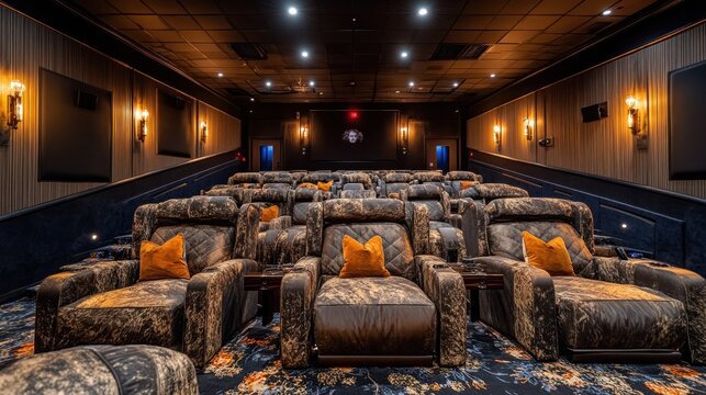 Luxurious private cinema with plush reclining seats, warm lighting, and patterned carpet.