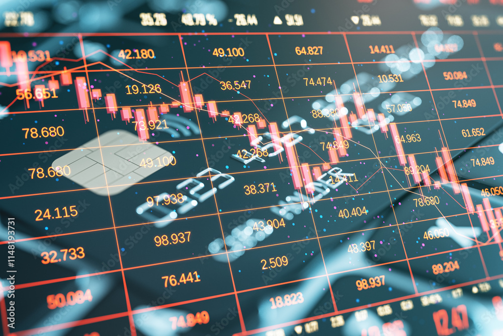Poster Stock market graph with red declining trend and data overlay.
