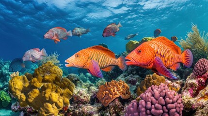 Fototapeta premium Vibrant coral reef teeming with colorful fish, showcasing diverse marine life in a stunning underwater scene.
