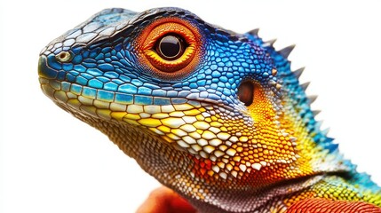 Fototapeta premium Colorful Close-up of a Beautiful Lizard Displaying Vibrant Blue and Orange Scales Against a Clean White Background for Nature and Wildlife Photography