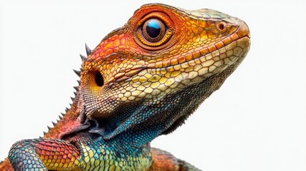 Fototapeta premium Vibrant Close-Up Portrait of a Colorful Lizard Showcasing Detailed Textures and Striking Colors Against a Soft Neutral Background