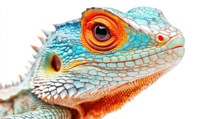 Obraz premium Stunning Close-Up of a Colorful Lizard with Vibrant Scales, Bright Eyes, and Intricate Texture Against a Clean White Background