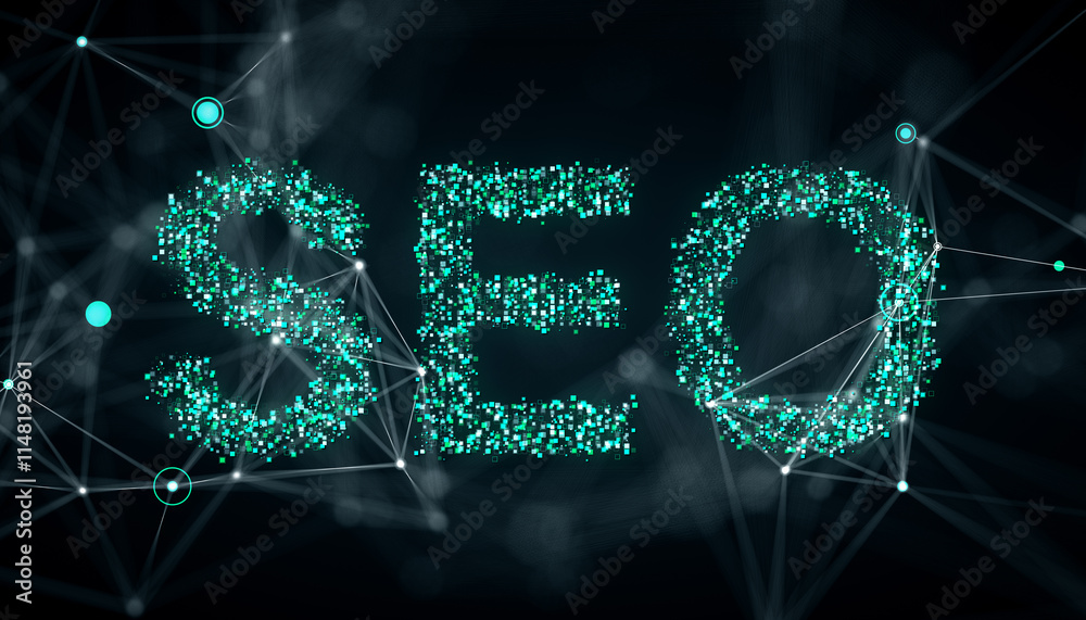 Poster SEO letters formed by glowing digital particles with a network of connected lines on a dark background. 3D Rendering