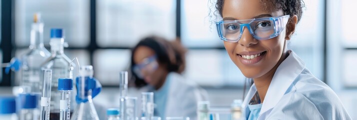 A smiling scientist in a lab coat and goggles, surrounded by various laboratory equipment, focuses on her work while another researcher is in the background.