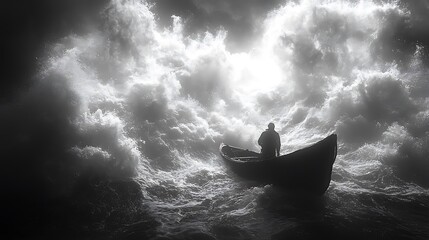 Obraz premium Solitary Figure In Small Boat Navigating Immense Waves