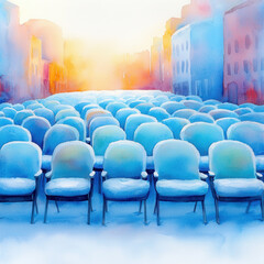 Fototapeta premium Snow covered seats in vibrant watercolor cityscape