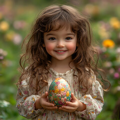 Fototapeta premium A cheerful young girl in a floral dress holding a decorated Easter egg in a sunny spring meadow
