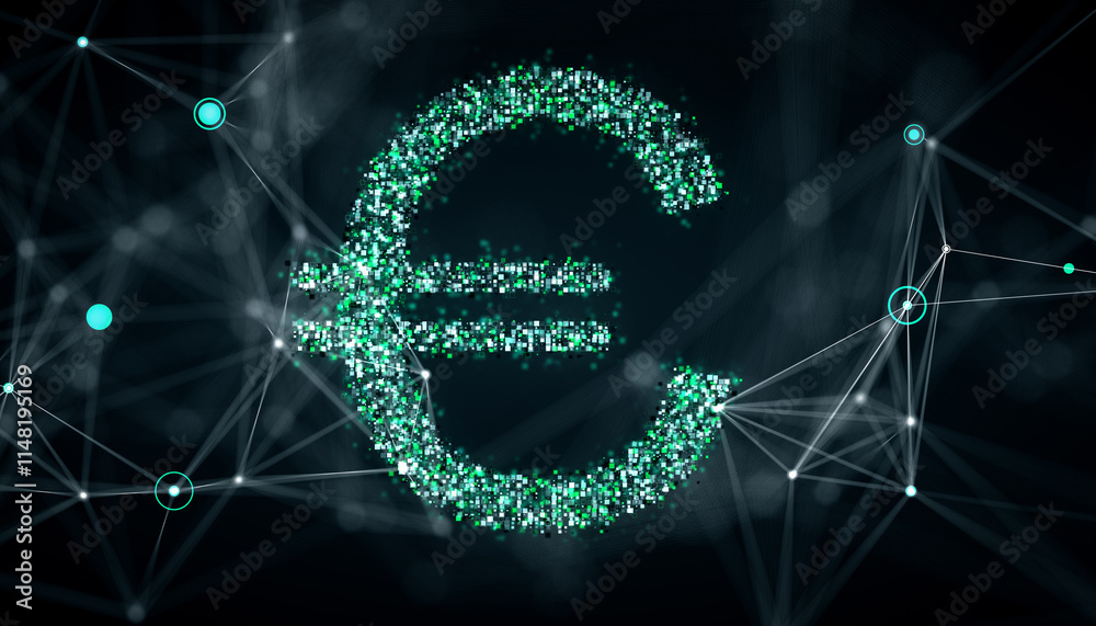 Poster Digital euro currency sign formed by glowing dots and network connections on dark background. 3D Rendering
