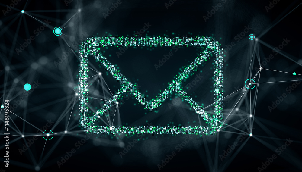 Aufkleber Digital envelope icon with holographic effect on a dark connected network background. 3D Rendering