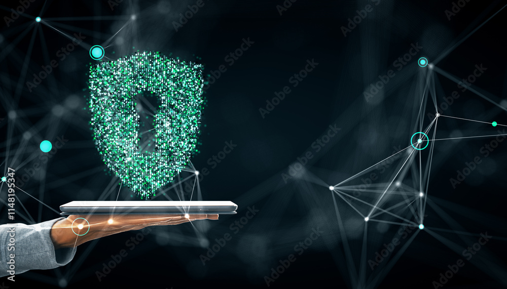 Poster Holographic shield icon floating above a tablet in a digital network background, symbolizing cybersecurity and data protection.