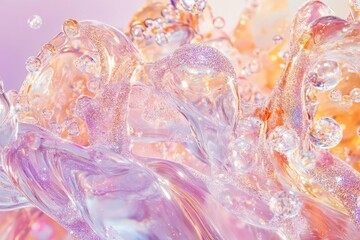 Abstract iridescent liquid splash with glitter, bubbles, and pastel colors creating a dreamy, ethereal effect.