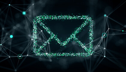 Digital envelope icon with holographic effect on a dark connected network background. 3D Rendering