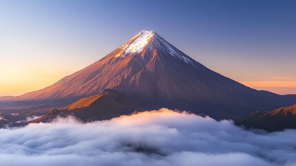 Fototapeta premium Majestic snow-capped volcano rising above a sea of clouds at sunrise.