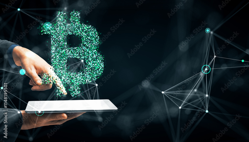 Poster digital holographic bitcoin symbol emerging from tablet with connected hand on dark background.