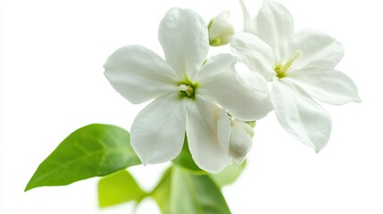Delicate White Jasmine Flowers in Bloom Surrounded by Fresh Green Leaves Showcasing the Natural Beauty and Elegance of Floral Arrangements