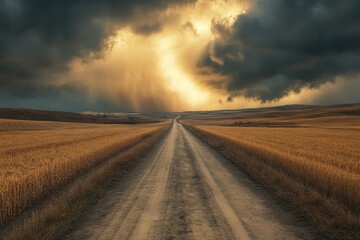 Naklejka premium Driving towards tornado through wheat and corn fields.