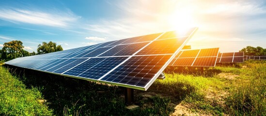 Solar panels in a field at sunset.