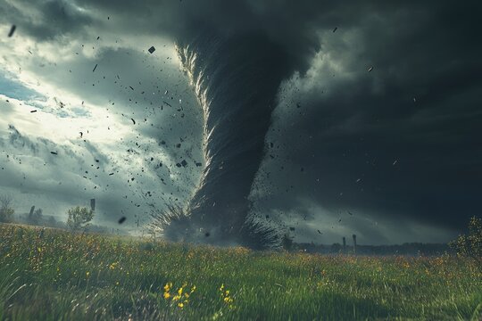 Giant scary tornado and thunderstorm in stormy landscape