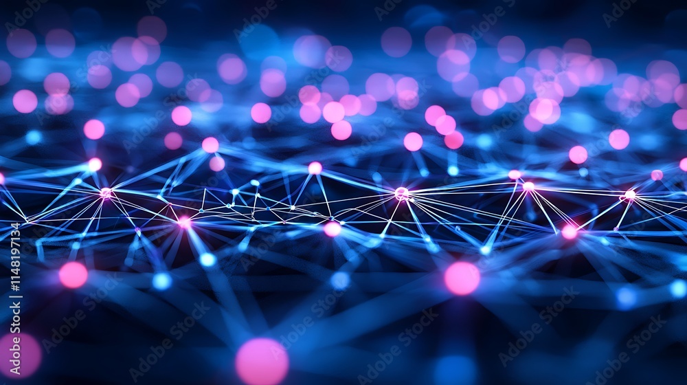 Poster Abstract network connection. Glowing nodes and lines forming a complex digital structure.