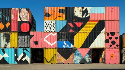 Colorful stacked shipping containers with geometric patterns and abstract designs against a clear blue sky.